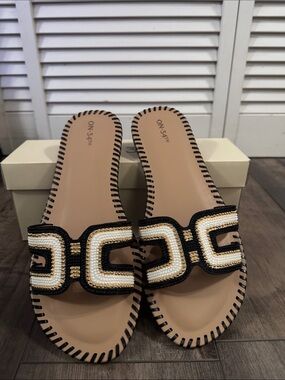Beaded Slide Sandals in Beige and Black - Stylish Slip-On Women’s Sandals